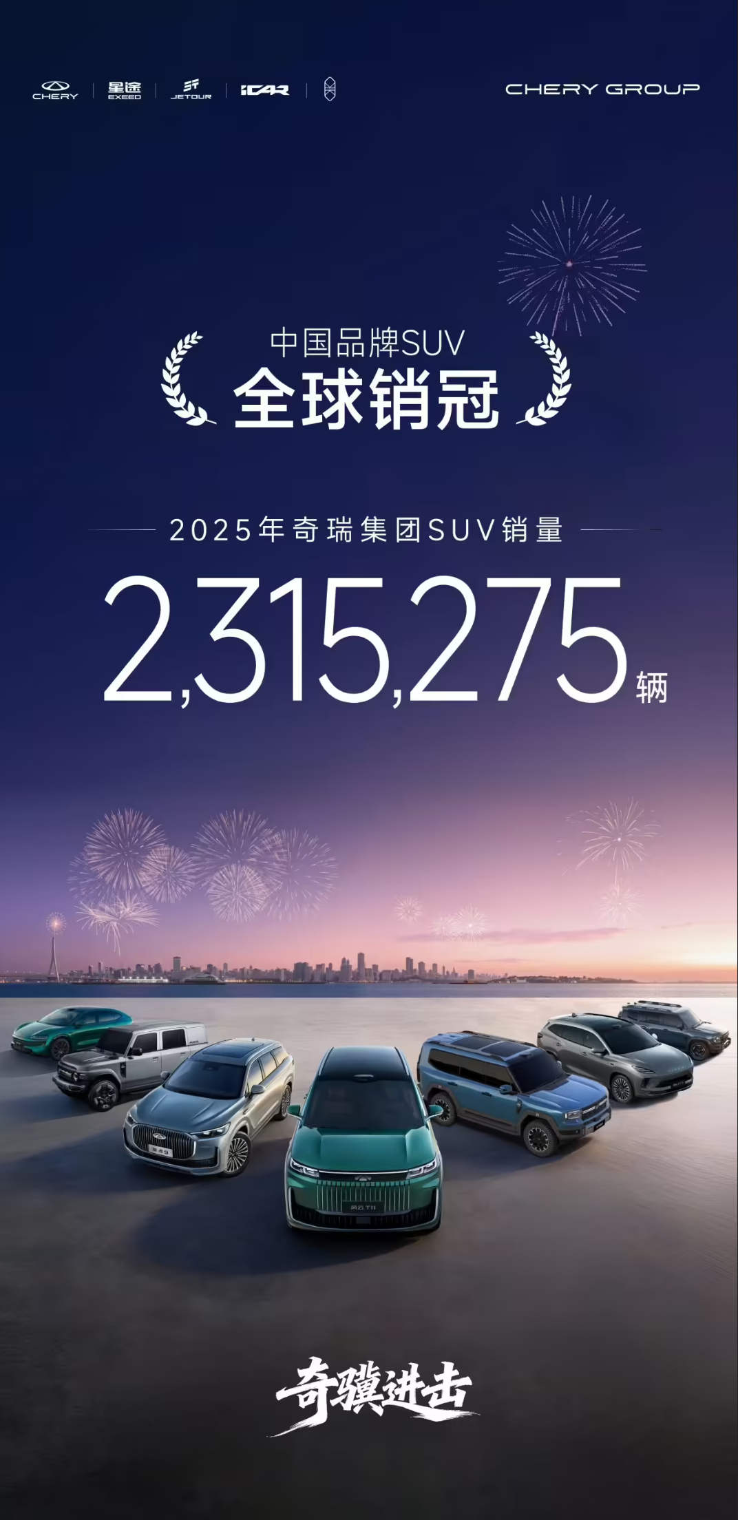 奇瑞集团2025年销量再创新高 出口领跑全球 SUV斩获中国品牌销冠